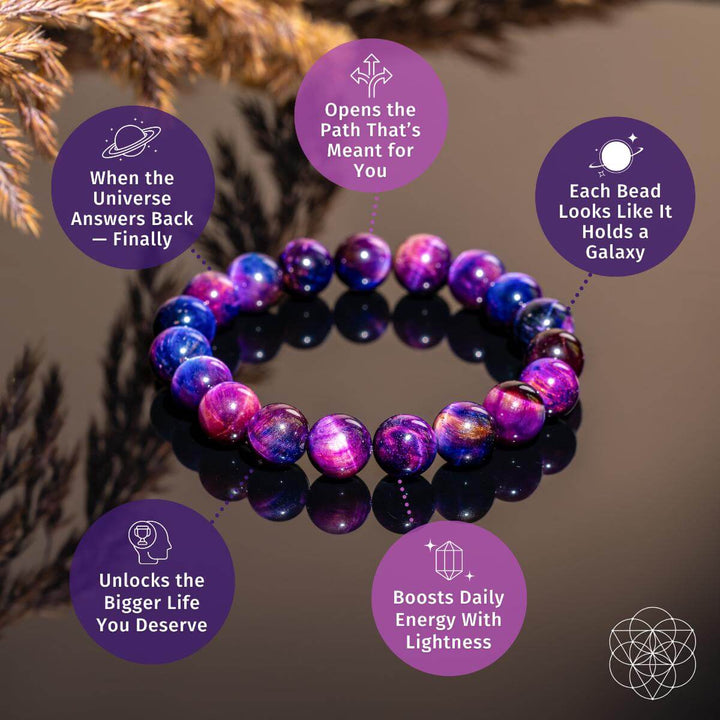 Purple beaded bracelet with motivational text on a dark background