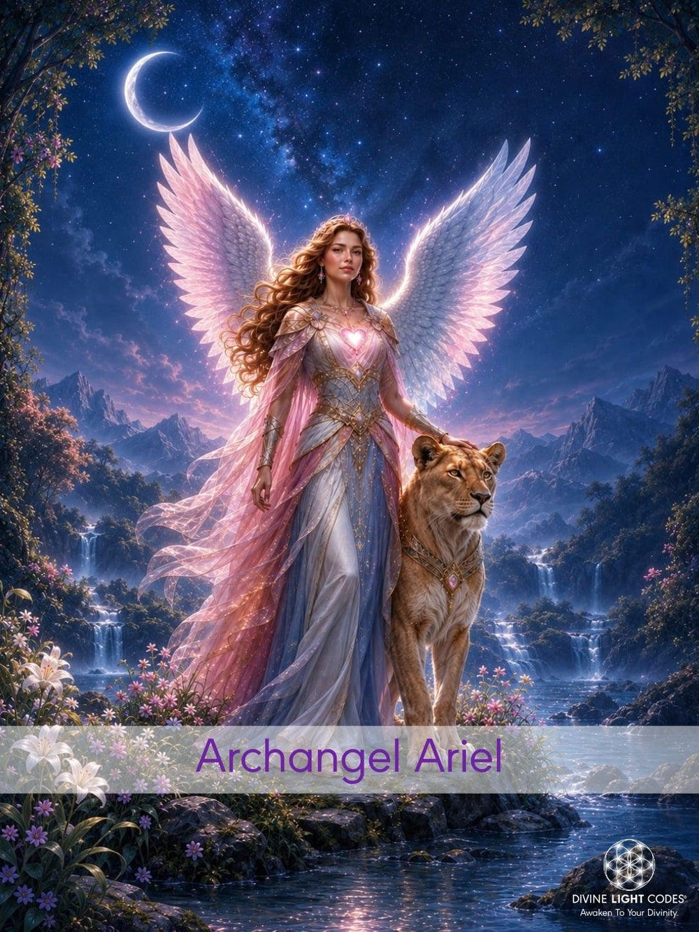 Fantasy artwork of a winged female figure depicted as Archangel Ariel in a flowing pink and silver gown standing beside a large lion-like beast on a rocky riverside at night, with mountains, waterfalls, flowers, and a crescent moon in the background.