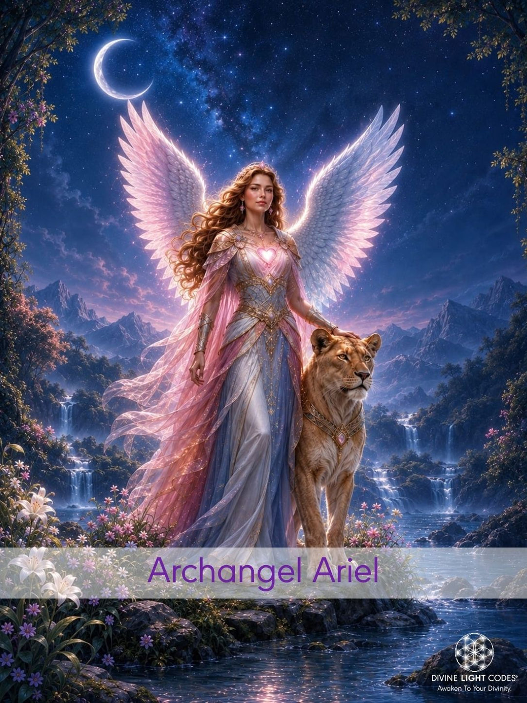 Fantasy artwork of a winged female figure depicted as Archangel Ariel in a flowing pink and silver gown standing beside a large lion-like beast on a rocky riverside at night, with mountains, waterfalls, flowers, and a crescent moon in the background.