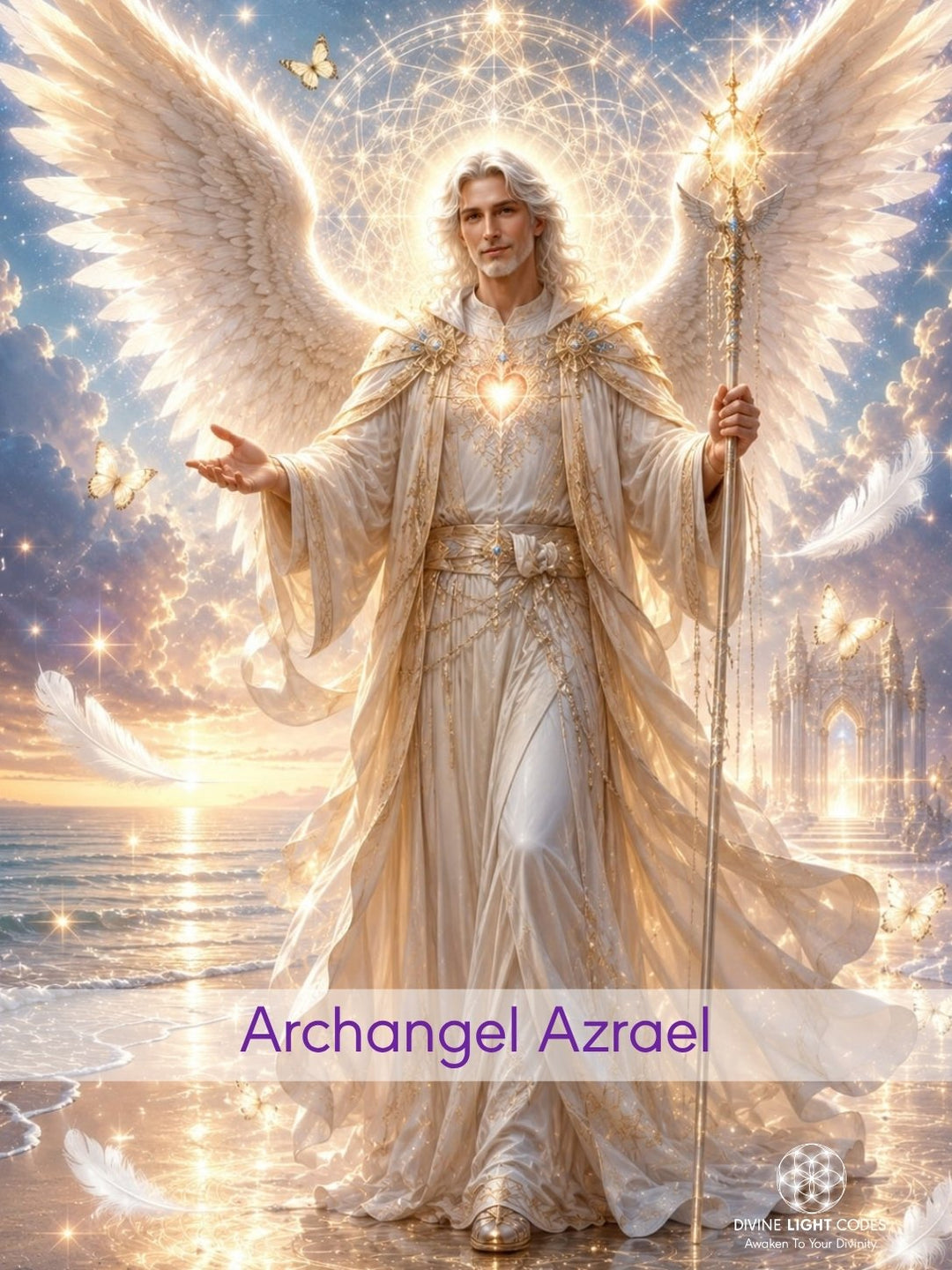 A glowing Archangel Azrael shown with large white wings stands on a beach at sunset, wearing a flowing white robe with gold detailing and holding a luminous staff. Feathers, sparkles, and a soft golden light fill the scene.