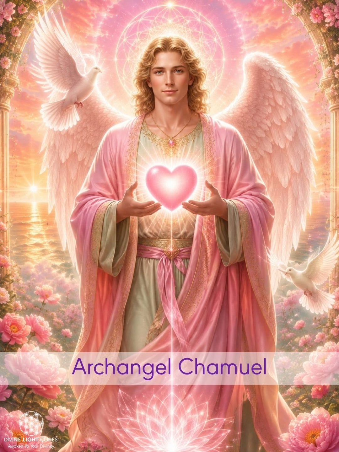 A digital illustration of a benevolent Archangel Chamuel with golden hair, white wings, and a pink robe, holding a glowing pink heart. The scene is framed by pink flowers and two white doves against a warm, glowing sunset background.