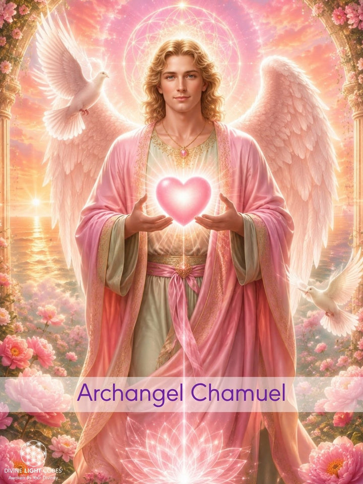 A digital illustration of a benevolent Archangel Chamuel with golden hair, white wings, and a pink robe, holding a glowing pink heart. The scene is framed by pink flowers and two white doves against a warm, glowing sunset background.