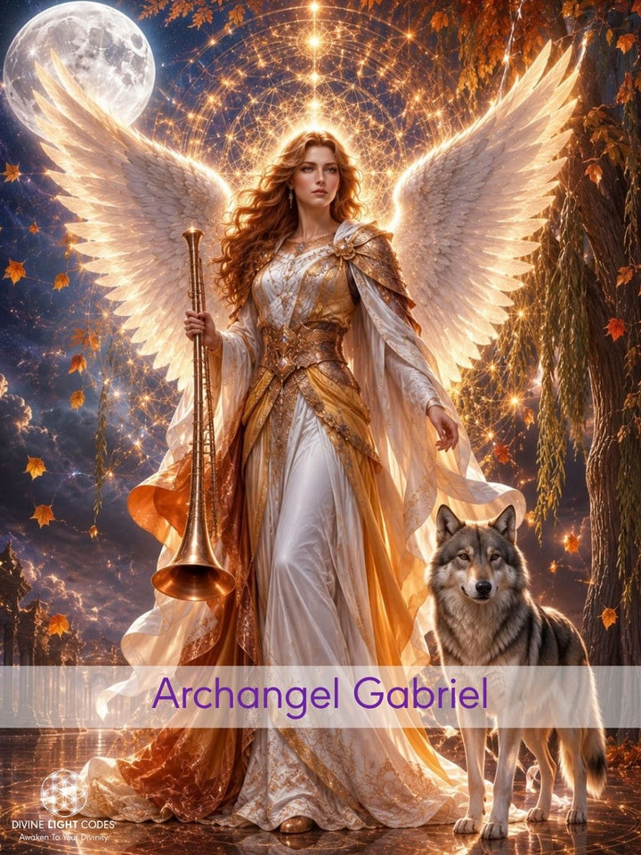 Fantasy artwork of a radiant Archangel Gabriel with large white wings holding a trumpet, standing in a glowing forest at night beside a wolf, with a full moon and golden light effects in the background.