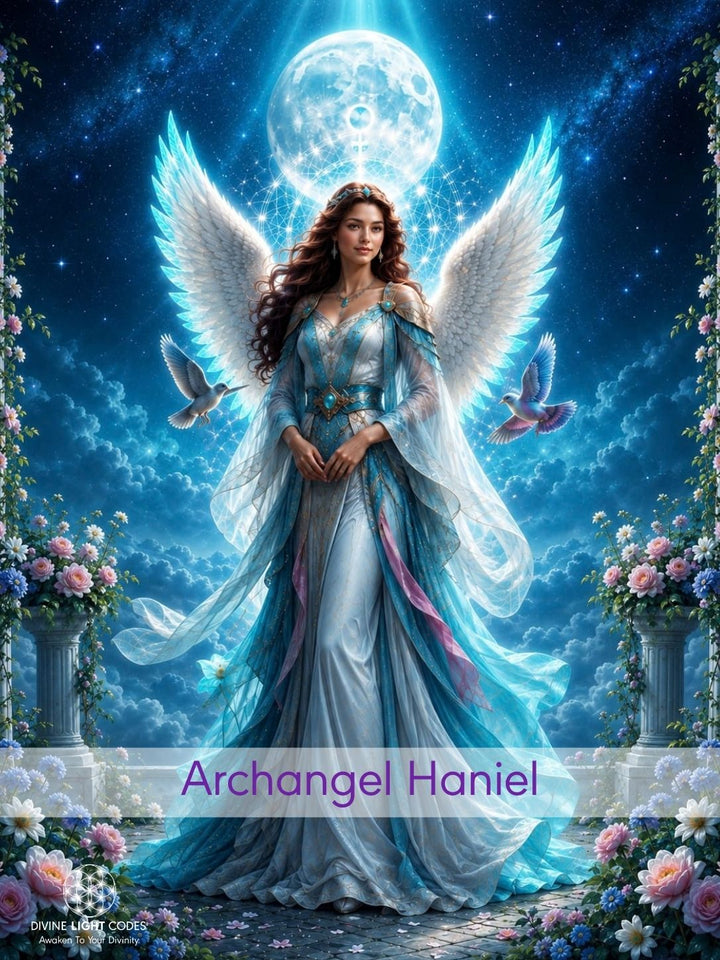 A fantasy digital artwork of a celestial female Archangel  Haniel with large white wings, wearing a flowing light blue gown, standing in a starry night sky under a giant full moon with flowers and pillars framing the scene.