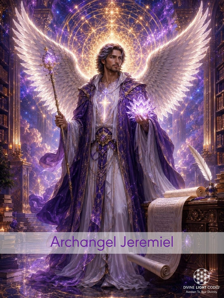 A fantasy digital artwork of a majestic Archangel Jeremiel standing in a glowing library or study. The angel has large white wings, wears flowing purple and white robes, holds a glowing purple orb, and stands before an open scroll on a desk.