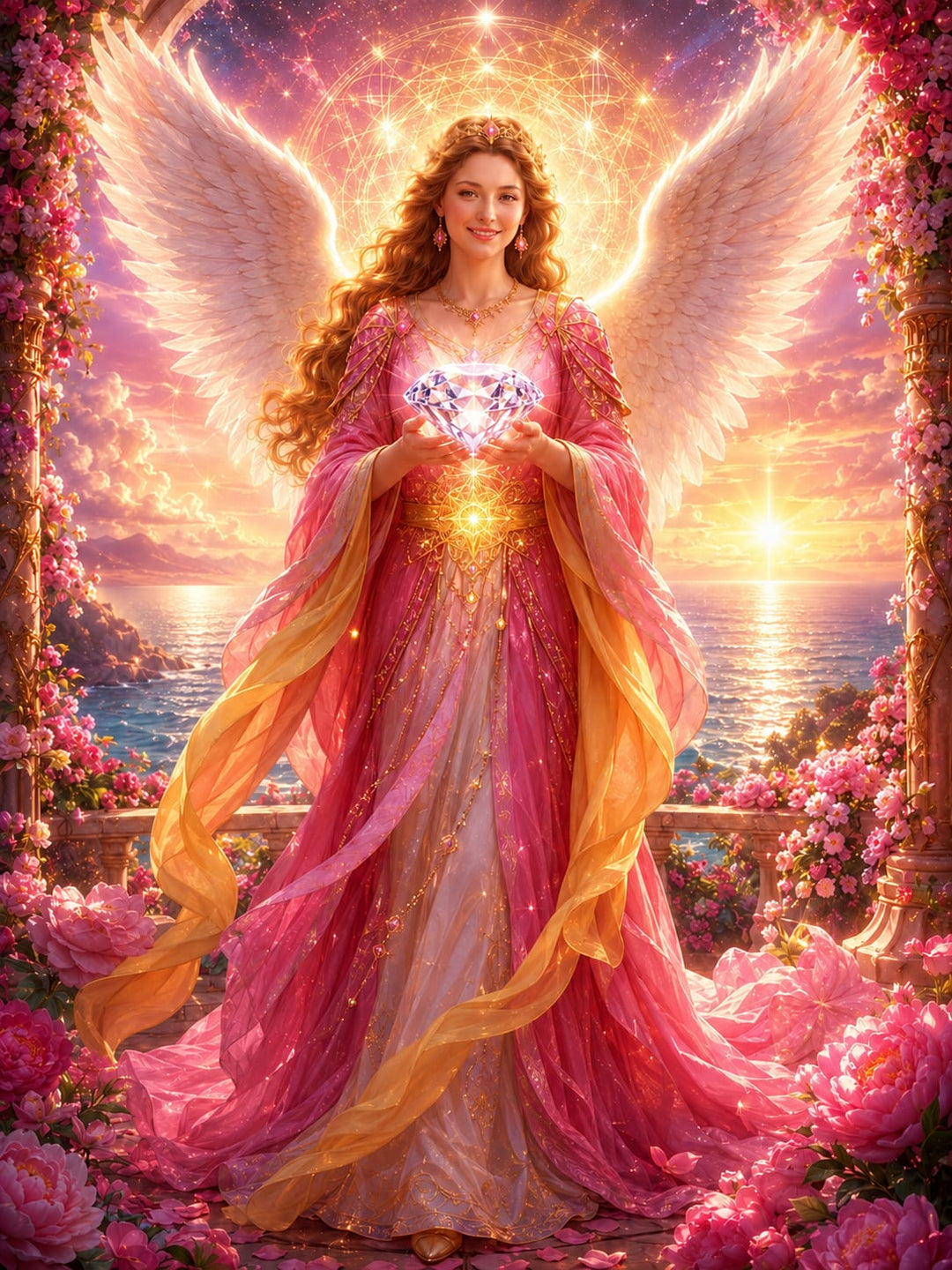 A fantasy-style illustration of a winged  Archangel Jophiel, in a flowing pink and gold gown holding a glowing heart-shaped gem, surrounded by roses and a sunset over the ocean. 
