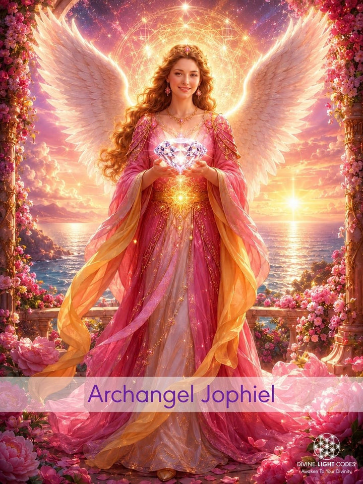 A fantasy-style illustration of a winged woman Archangel Jophiel, in a flowing pink and gold gown holding a glowing heart-shaped gem, surrounded by roses and a sunset over the ocean. 