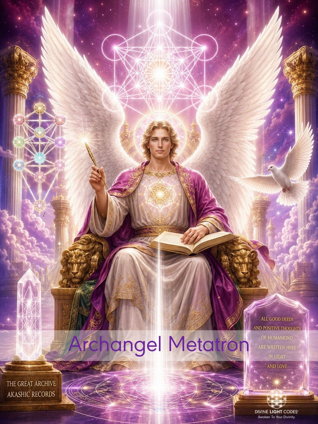 A stylized religious artwork showing a seated Archangel Metatron with large white wings, purple and gold robes, holding a pen and an open book, with a glowing light beam downward. The scene includes a white dove, ornate pillars, geometric celestial symbols, crystals, and glowing purple cosmic background.