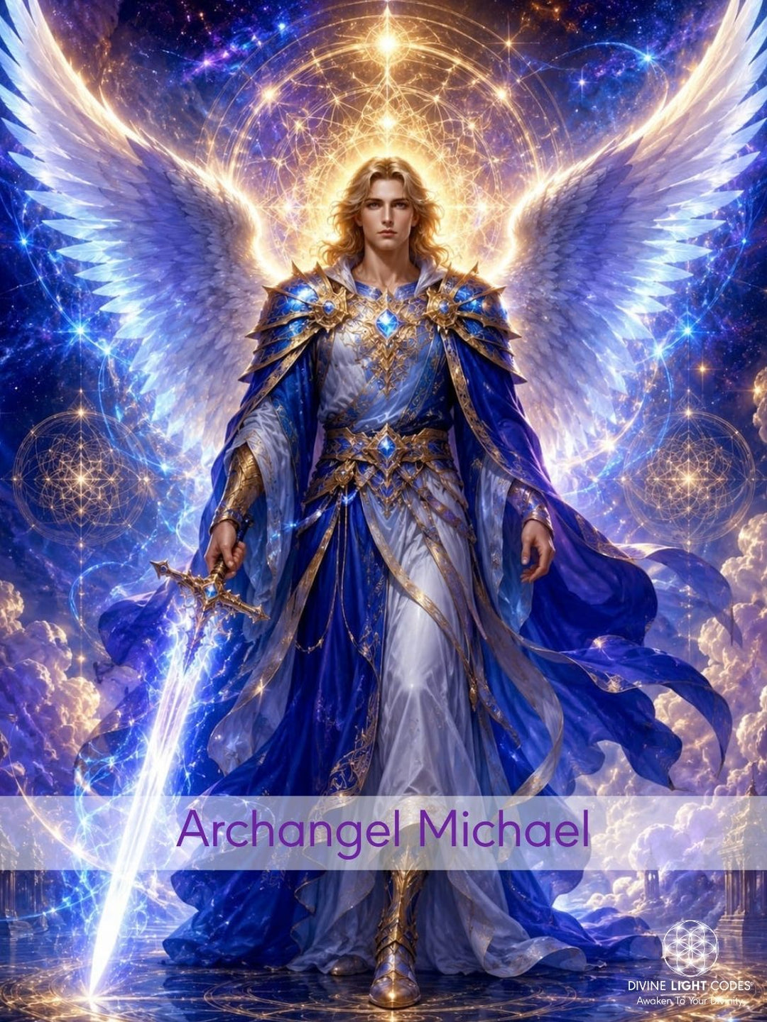 A fantasy digital artwork of a majestic Archangel Michael warrior with large glowing blue and white wings, holding a bright luminous sword. The figure wears ornate blue and gold robes against a cosmic sky filled with stars, clouds, and magical light effects.