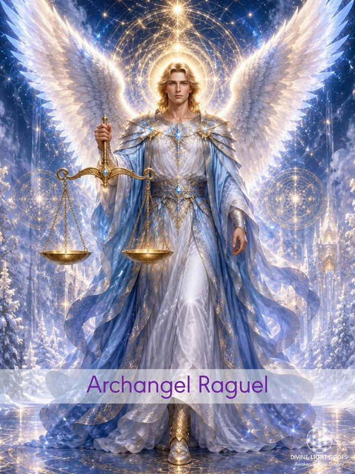 A fantasy digital artwork of a celestial Archangel Raguel with large white and blue wings, holding a golden scale of justice, standing in a glowing icy forest with stars and light effects.