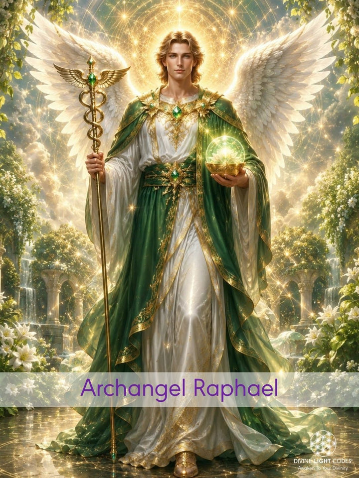 A fantasy-style depiction of a winged angel, Archangel Raphael, standing in a glowing garden, wearing a white robe with a deep green cloak and gold trim, holding a staff and a glowing orb.