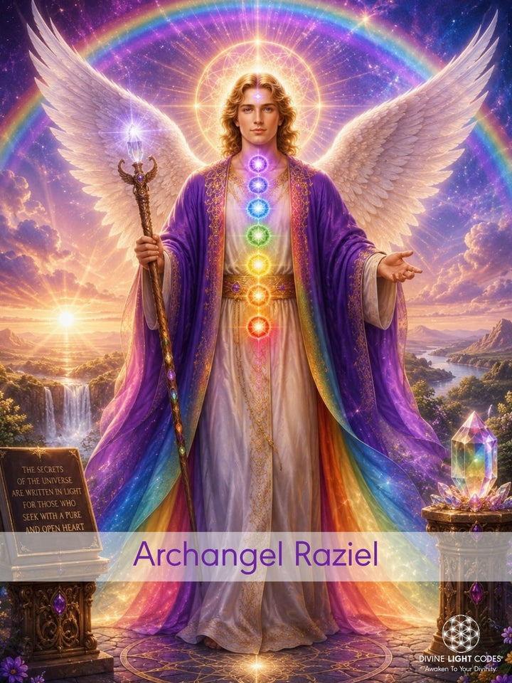 A fantasy-style artwork of a winged Archangel Raziel standing in a glowing landscape, wearing a purple robe over a white gown and holding a staff. A rainbow arches over the scene, with chakra symbols visible down the center of the figure and crystals on pedestals in the foreground.
