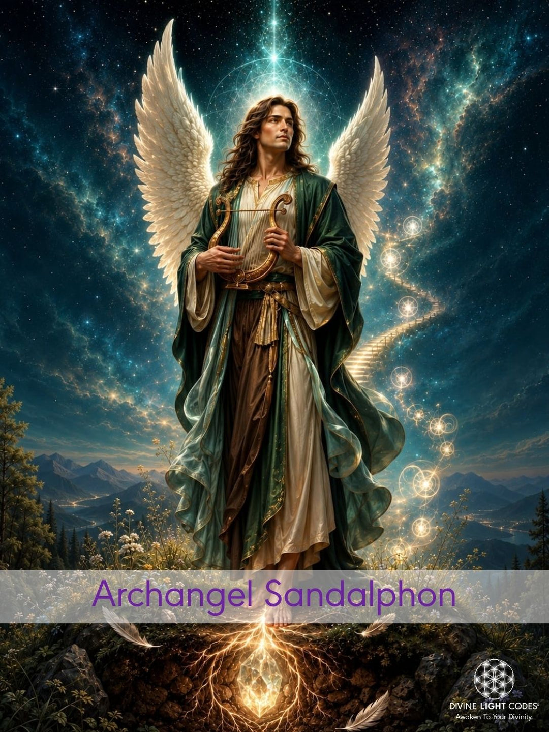 A fantasy artwork of a winged Archangel Sandalphon standing on a grassy hill under a starry night sky, holding a glowing object, with glowing light trails and a cosmic landscape in the background.
