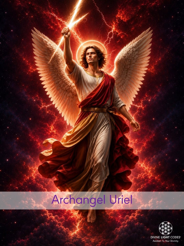 A dramatic fantasy artwork of a winged Archangel Uriel figure with outstretched wings, holding a glowing sword or lightning-like object above his head. The figure wears flowing white and deep red draped robes with a golden halo around the head.