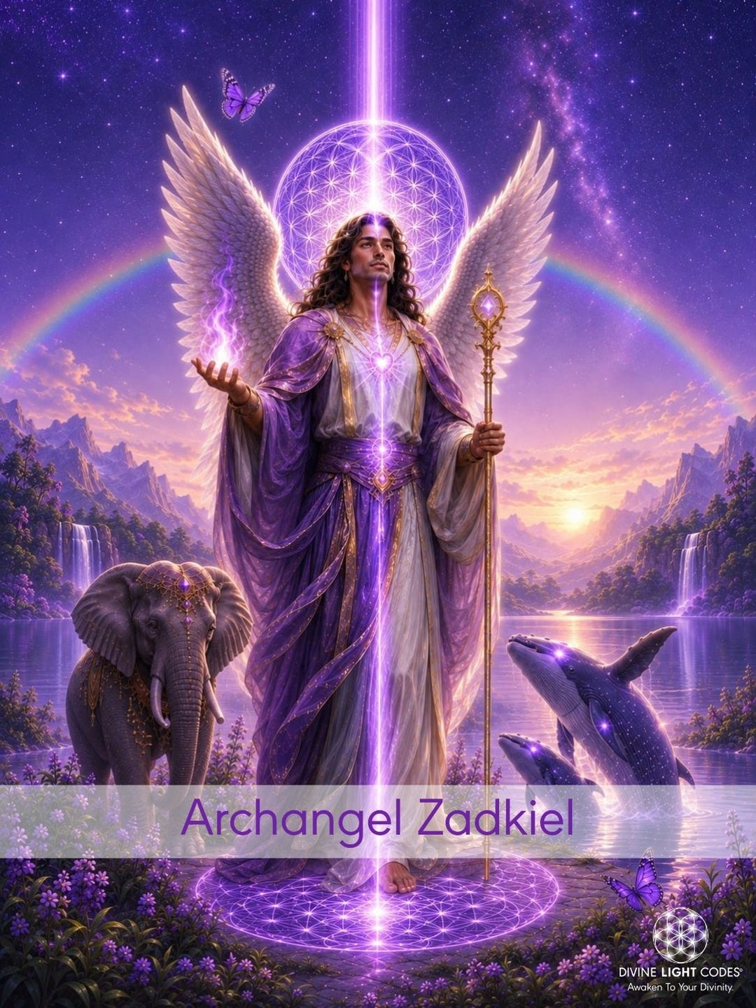 A fantasy digital artwork of a winged Archangel Zadkiel standing in a glowing purple circle by a lake, holding a staff, with an elephant and dolphins around her under a rainbow and starry sky.