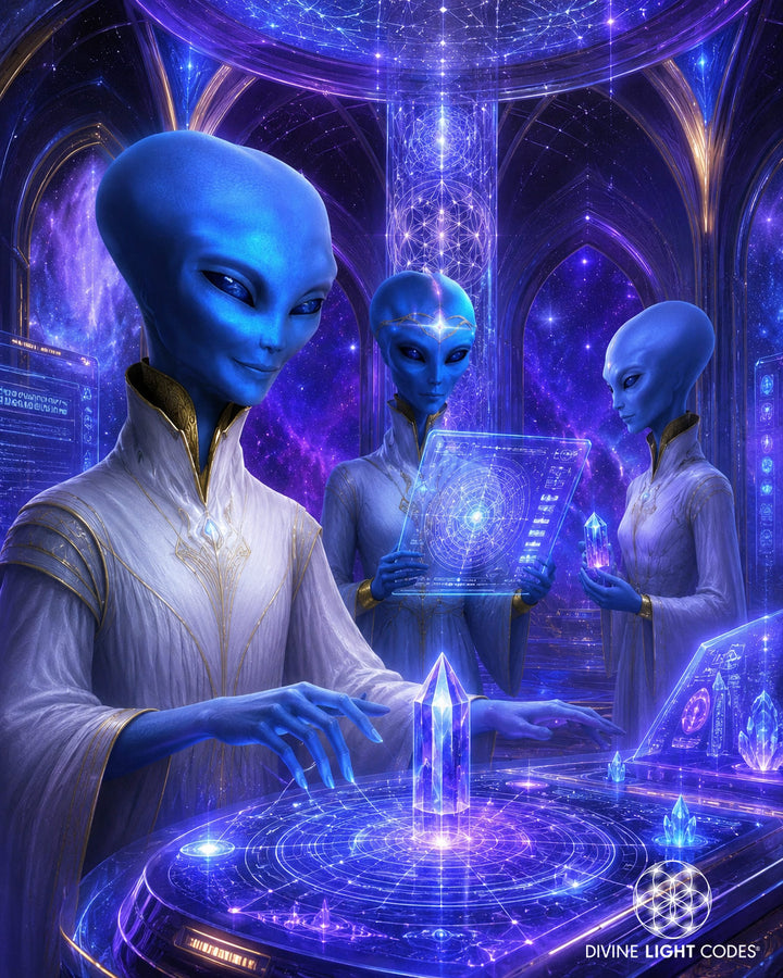 Arcturian Cosmic race. Three blue-skinned aliens in white robes stand in a glowing purple and blue futuristic chamber, interacting with holographic interfaces and crystals. The scene is highly stylized and digital, with a &