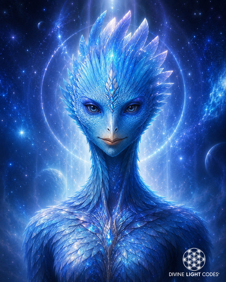 A digital fantasy portrait of a Blue Avian crystalline alien-like bird-headed figure against a starry cosmic background with planets and glowing rings. The artwork has a visible &