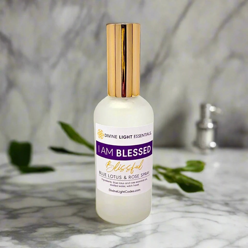 I Am Blessed Blissful Blue Lotus &amp; Rose Spray with gold cap on marble, for spiritual wellness and ascension support
