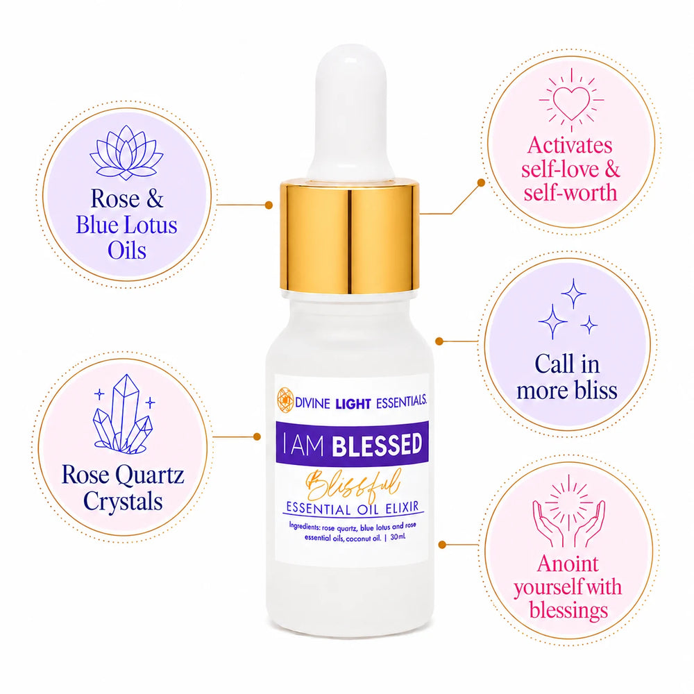 I AM BLESSED Blissful Essential Oil Elixir with rose quartz, blue lotus, activates self-love & bliss