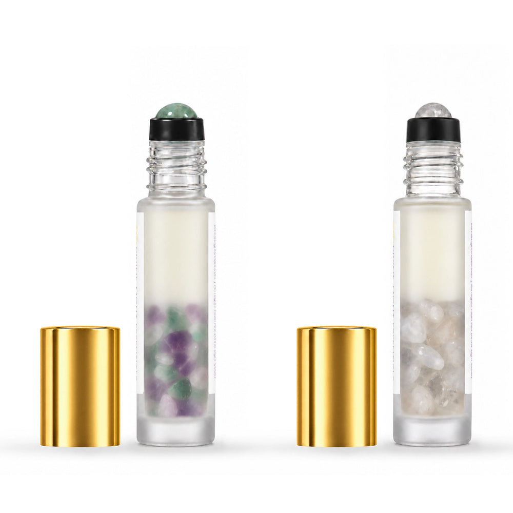 I Am Focused and I Am Peaceful elixir duo, rear cap off on white.