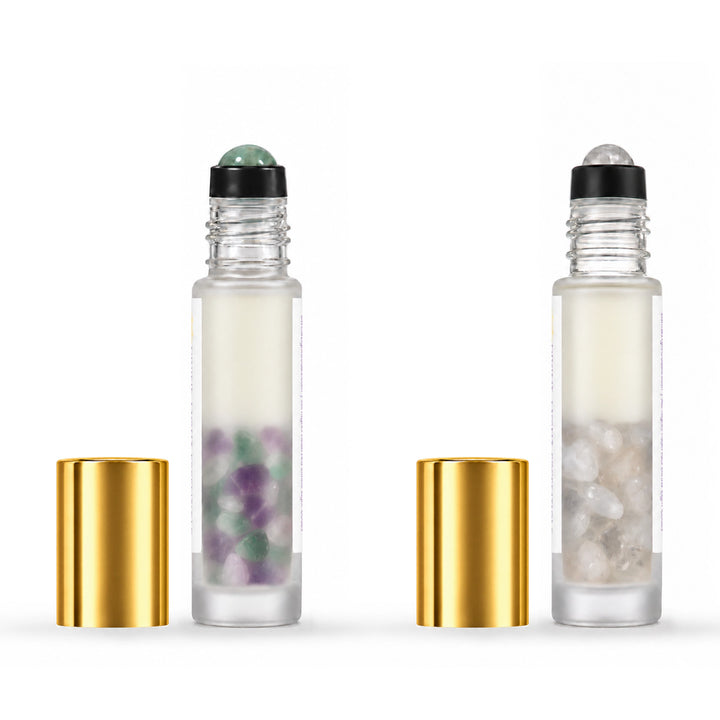 I Am Focused and I Am Peaceful elixir duo, rear cap off on white.