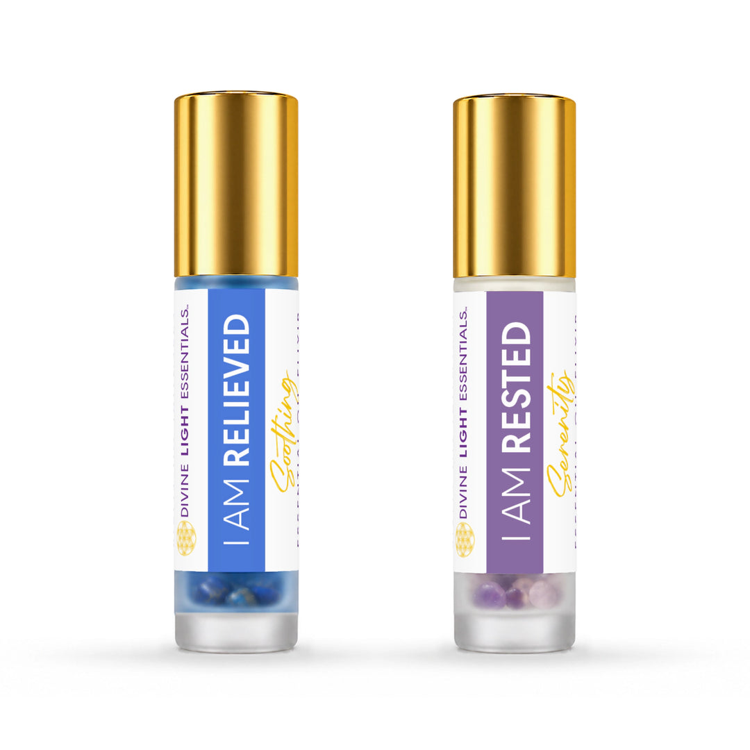 I Am Relieved and I Am Rested elixir duo, front on white.
