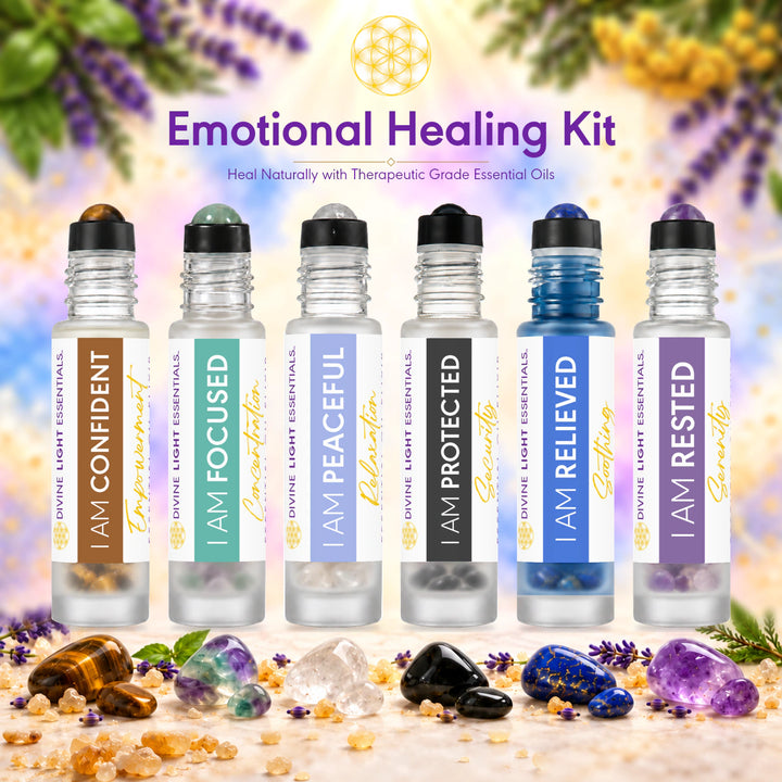 Emotional Healing Kit with six uncapped crystal roller bottles, matching tumbled stones and frankincense on a pastel watercolor botanical background.