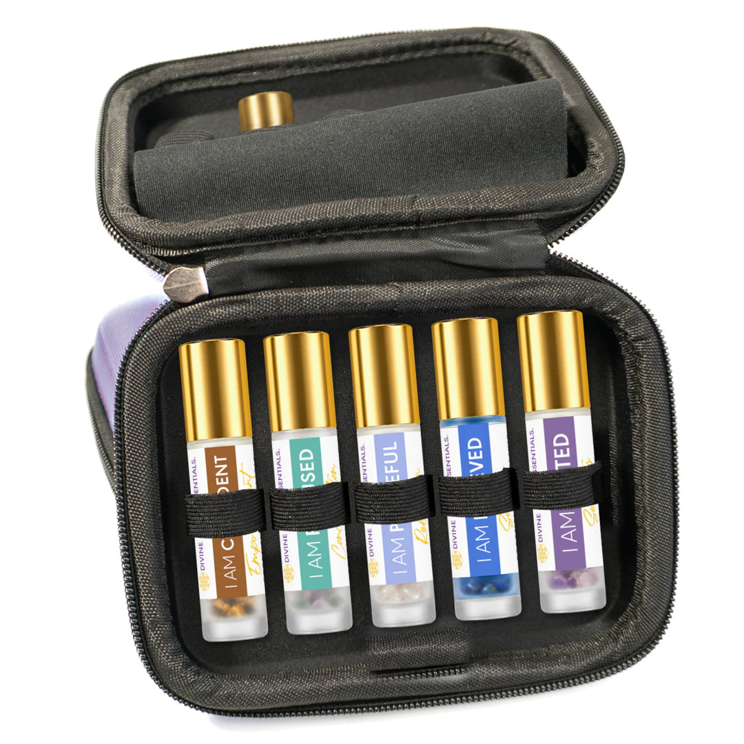 Emotional essential oil elixir roller collection arranged in its protective travel case.