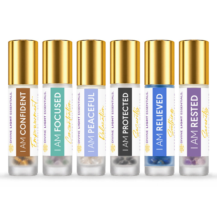 Emotional Support six-roller set: Confident, Focused, Peaceful, Protected, Relieved and Rested, with gold caps on white.