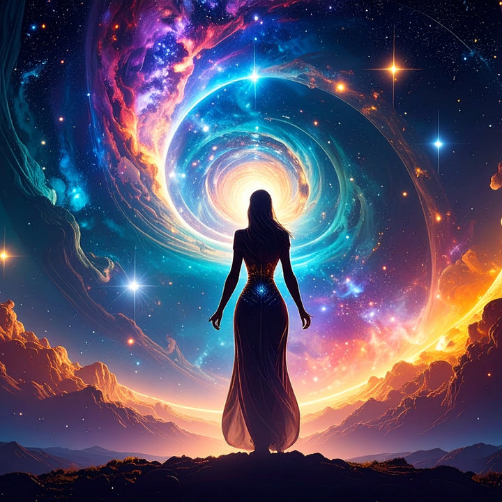 Silhouette of a woman facing a cosmic vortex, surrounded by stars and nebulae, evoking spiritual ascension and divine light.