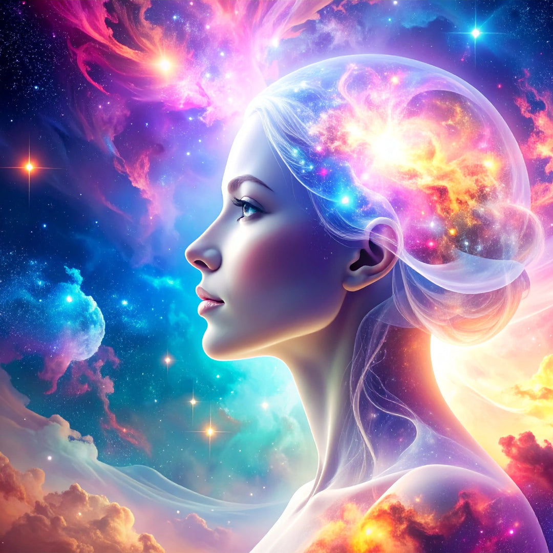 Artistic depiction of a woman with a brain highlighted by colorful cosmic elements
