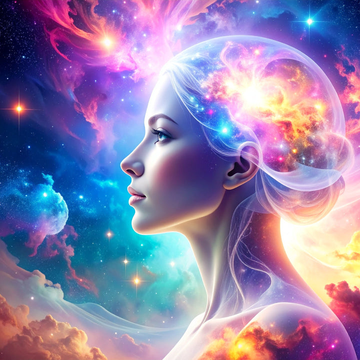 Artistic depiction of a woman with a brain highlighted by colorful cosmic elements
