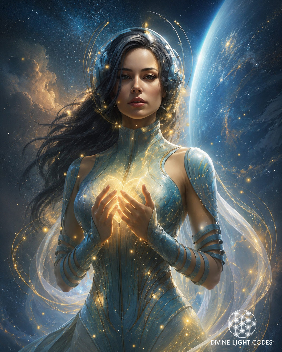 Hadarian Starseed. Fantasy digital artwork of a woman in a glowing blue bodysuit standing against a cosmic space background with a large planet, holding a bright golden light in her hands. The text &