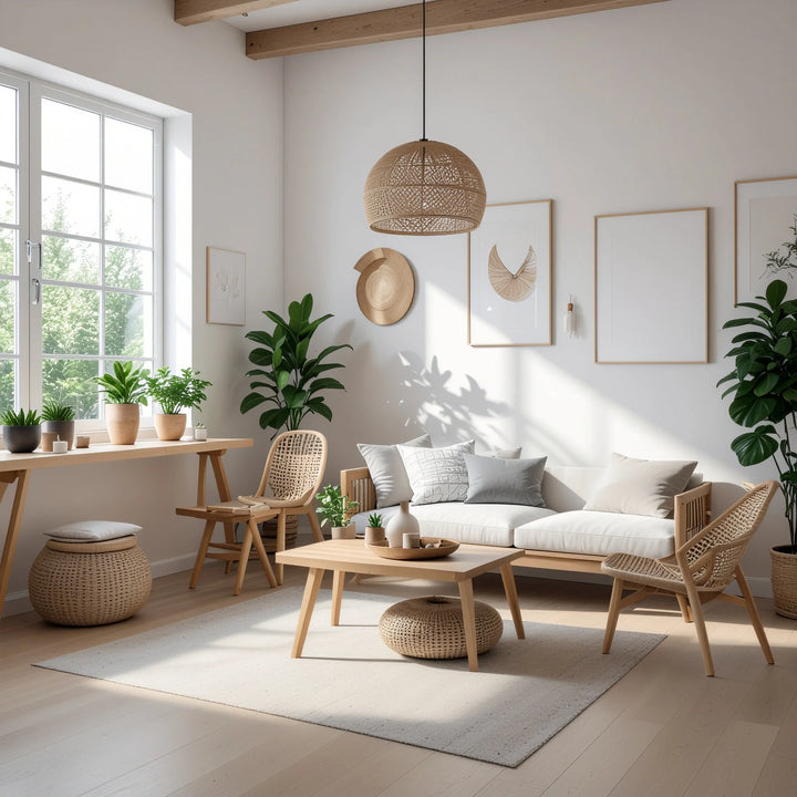 Serene living room with natural light, wicker furniture, plants, and minimalist decor for healing and ascension spaces