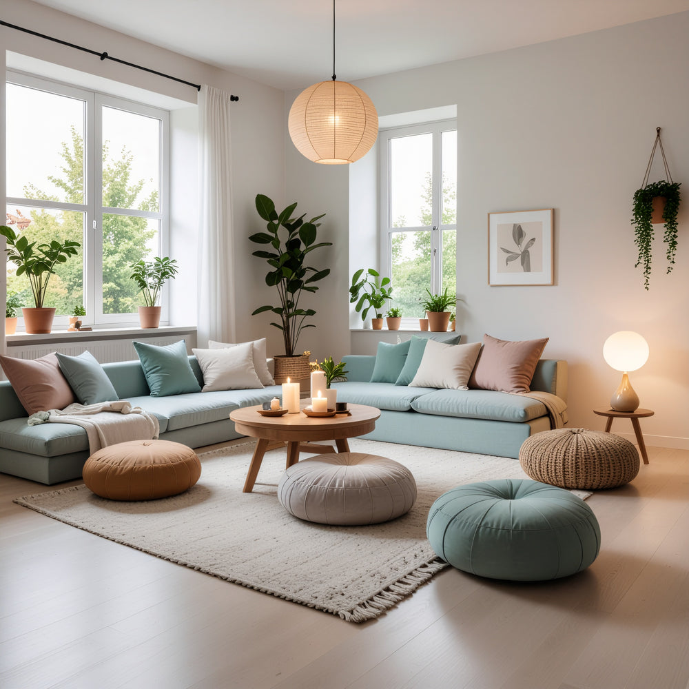 Serene living room with pastel sofa, floor cushions, candles, and plants for healing and ascension spaces