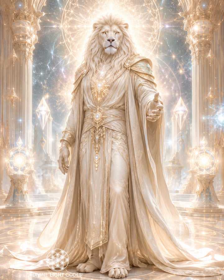 Hyadian Starseed. A majestic lion-like figure in ornate ivory and gold robes stands in a glowing celestial hall with pillars, crystals, and radiant light effects. The scene is highly stylized and fantasy-oriented, with no visible real-world product context. Visible logo and text at the bottom left reads &