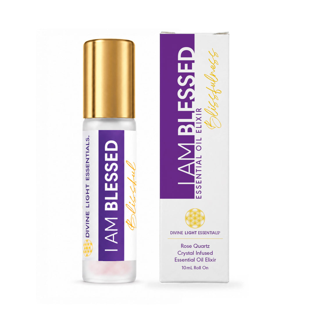 I Am Blessed essential oil roller bottle beside its matching box, both reading bottom to top.