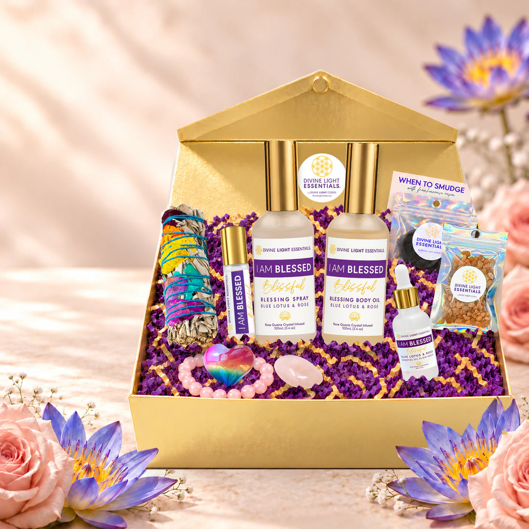 I Am Blessed wellness gift set on a floral background, with open space beside the gold gift box.