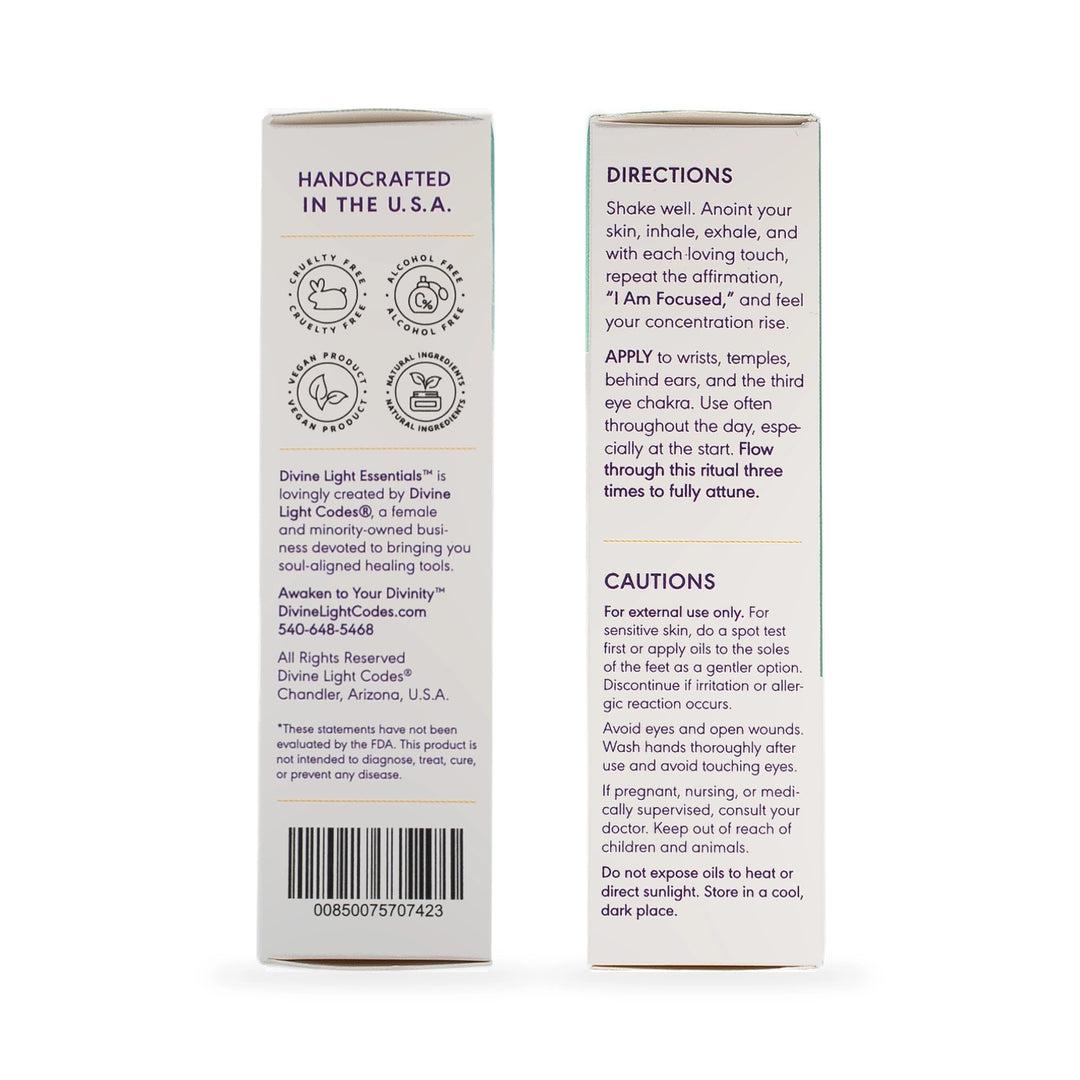 The two side panels of the I Am Focused essential oil elixir carton, showing company details, product symbols, barcode, directions and cautions.
