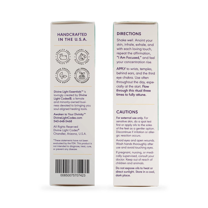 The two side panels of the I Am Focused essential oil elixir carton, showing company details, product symbols, barcode, directions and cautions.