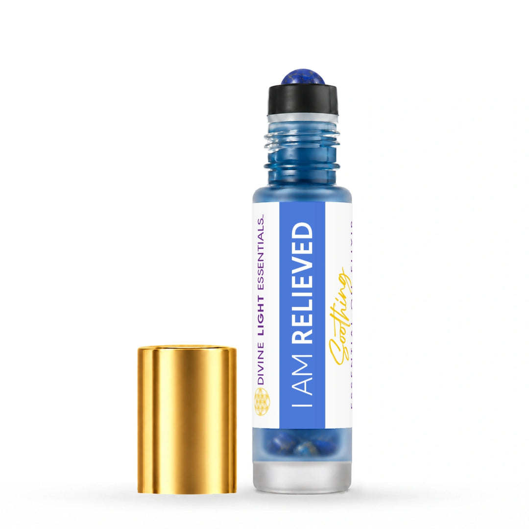 A blue glass roller bottle with a white and blue label reading &