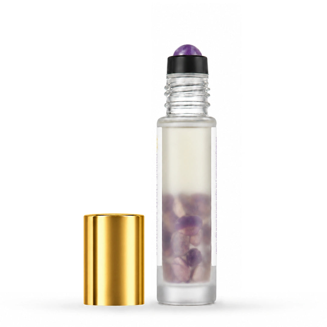 Uncapped rear view of I Am Rested showing amethyst inside the bottle, with its gold cap beside it.
