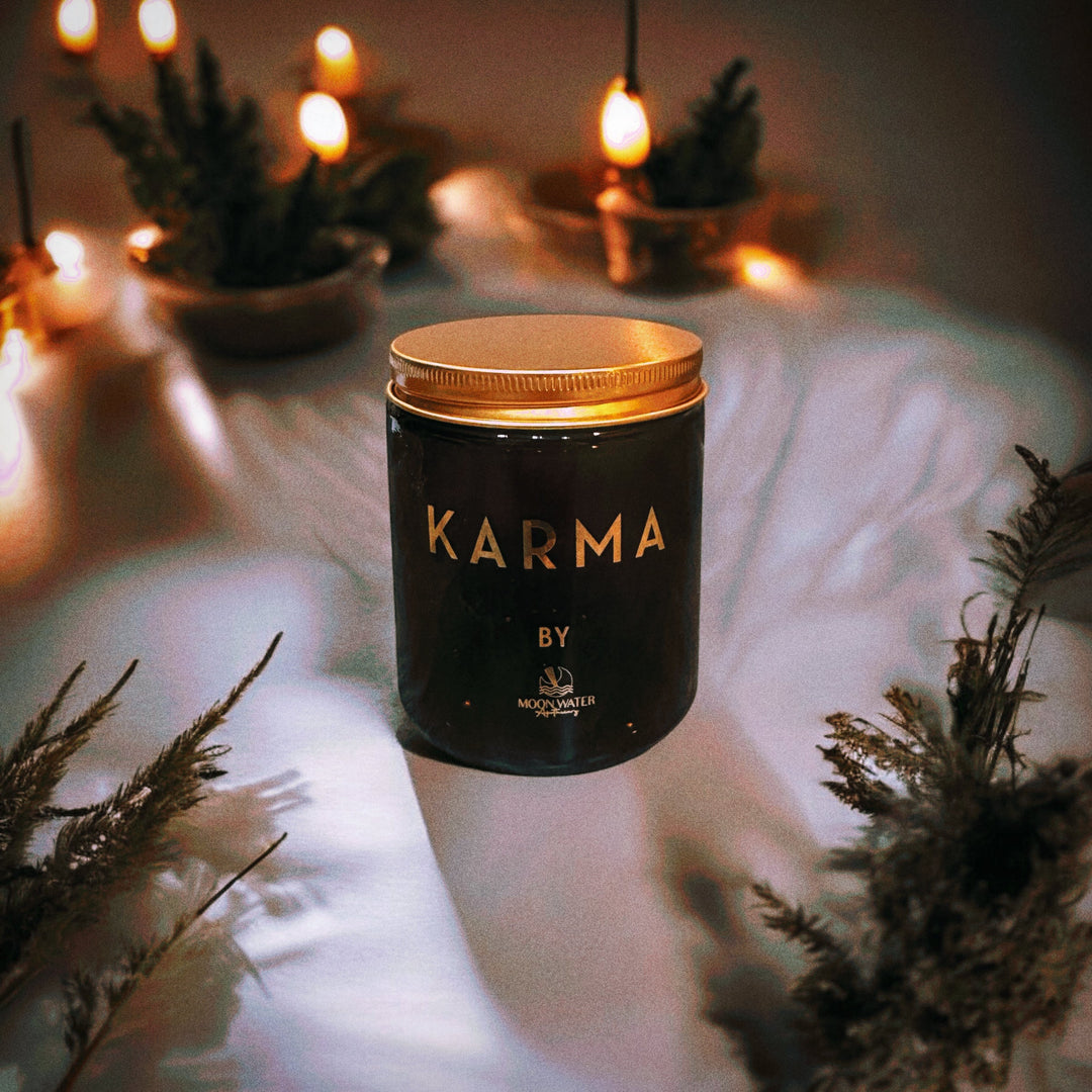 KARMA CANDLE - HIDDEN CRYSTALS INSIDE! Organic Soy 8oz, Insanely long lasting!