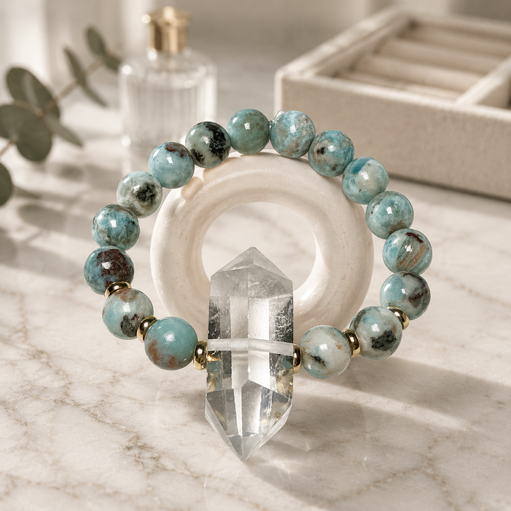 Clear Quartz Double Pointed Crystal Bracelet -  Larimar, Tanzanite, Apatite, Rose Quartz