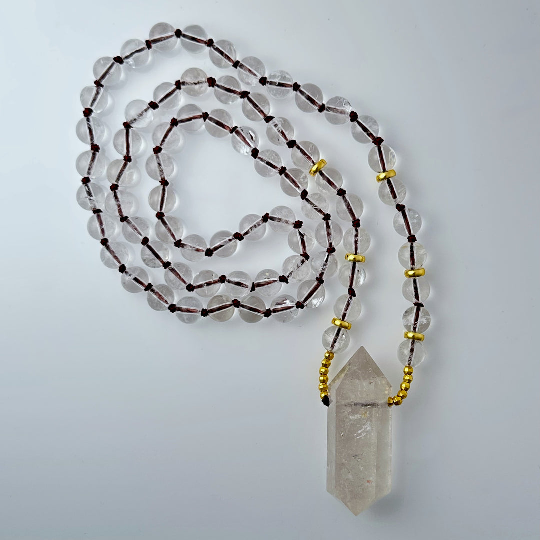 Clear Quartz Crystal Pendant Round Beaded Necklace