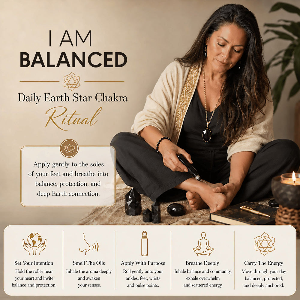 Promotional graphic for a 'Daily Earth Star Chakra Ritual' featuring a woman meditating while applying oil to her foot. The design includes text explaining the ritual steps and five illustrated icons summarizing the benefits: Set Your Intention, Smell The Oils, Apply With Purpose, Breathe Deeply, and Carry The Energy.