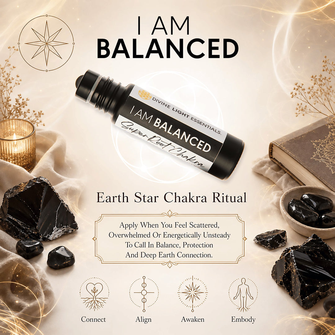 A promotional product graphic for an Earth Star Chakra ritual oil roller bottle. The bottle labeled &