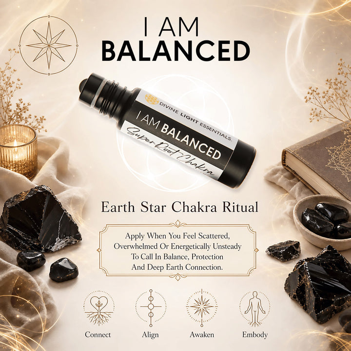 A promotional product graphic for an Earth Star Chakra ritual oil roller bottle. The bottle labeled &