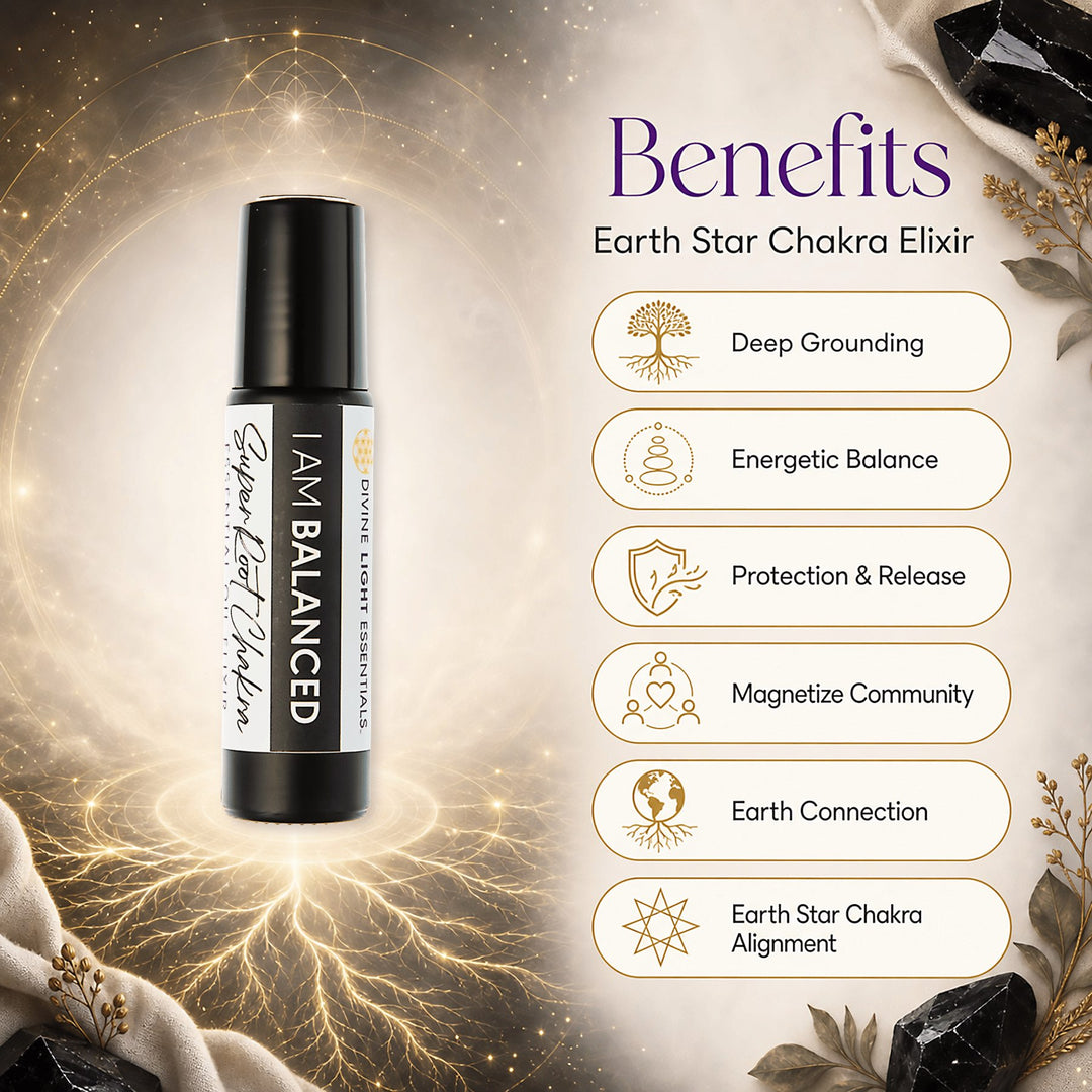 Earth Star Chakra Elixir roll-on bottle shown on the left under a glowing chakra graphic, with a benefits list on the right reading Deep Grounding, Energetic Balance, Protection &amp; Release, Magnetize Community, Earth Connection, and Earth Star Chakra Alignment.
