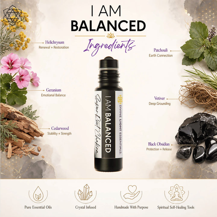 A centered bottle of I Am Balanced Divine Light Essentials essential oil surrounded by labeled ingredient callouts and botanical/crystal props on a light textured background.